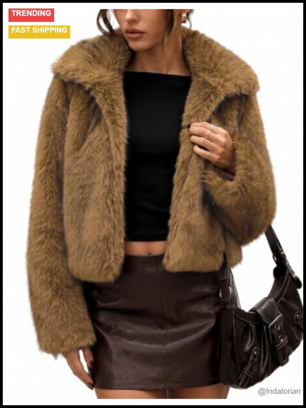 LOMON Women's Cropped Faux Fur Jacket L